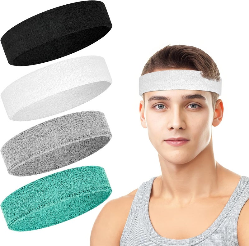 PEASUG 4 Pack Headbands for Men, Sweat Bands Headbands Men & Women, Cotton Terry Sweat Bands for Tennis, Basketball, Running, Gym, Working Out - Image 1
